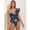 latest One Piece Swimsuit Printed One Shoulder Ruffle Swimwear Women Push Up Beach Wear Backless Monokini Sexy Swim Suit