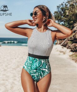 CUPSHE Black Striped And Green Leaf One-piece Swimsuit Women Sexy Cutout Monokini Bathing Suits latest New Girl Beach Swimwear