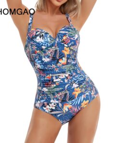 HOMGAO Sexy Push Up Women's One Piece Swimsuits Large Size Shirred Swimwear Vintage Bodysuit Tummy Control Bathing Suits L-4XL
