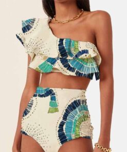 One-Shoulder Embroidered Printed Ruffled Push Up Micro Swimsuit Two Pieces Plus Tankini Women Swimming Suits Swimwear Patchwork